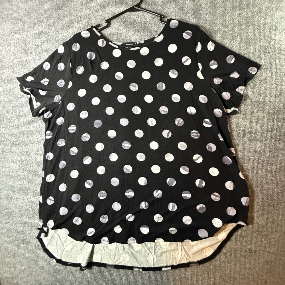 Premise Womens 2Xโ Black White Polka Dot High-Low Short Sleeve Top Pleated Back